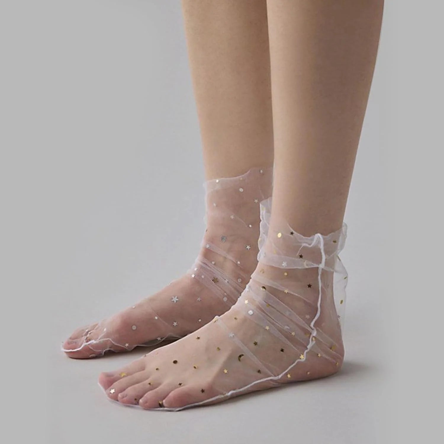 2 Pairs Women's Sheer Mesh Slouch Socks Star & Moon Embroidery See Through Tulle Crew Socks