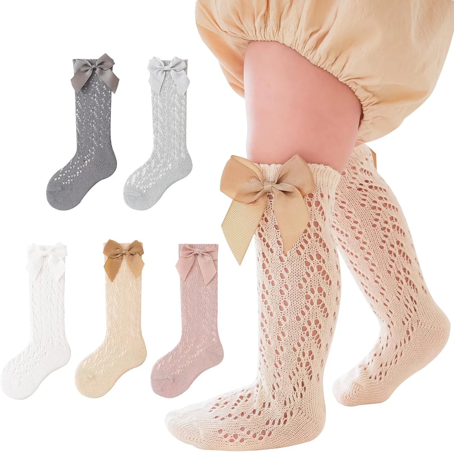 Baby Girls Knee High Socks Pack Bow Long Stockings Infants Toddlers Ruffled Socks School Uniform Leggings Stockings