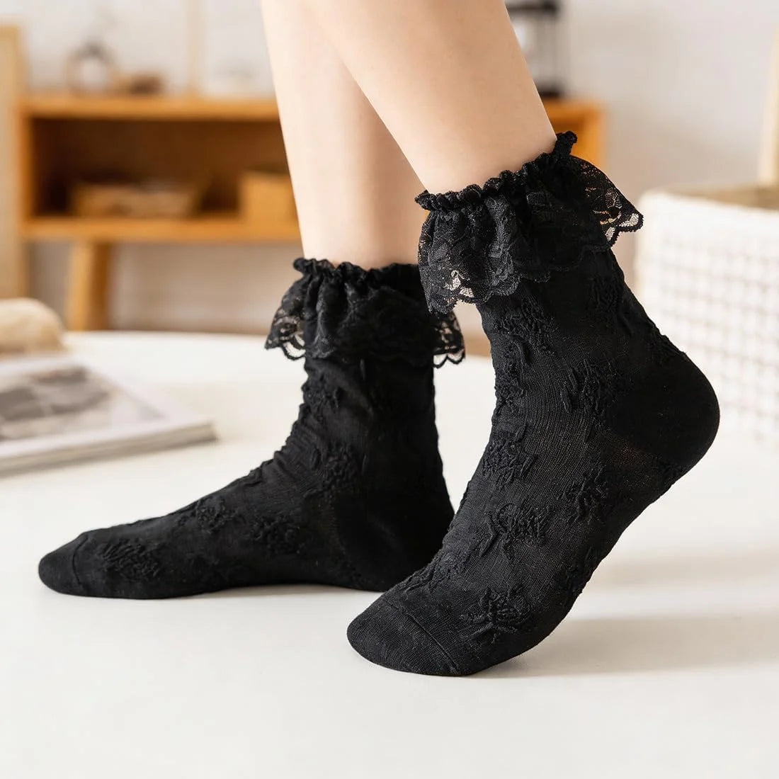 Women's Lace Ruffle Socks, White, Black, Cream Lace Socks with Ruffles Trim