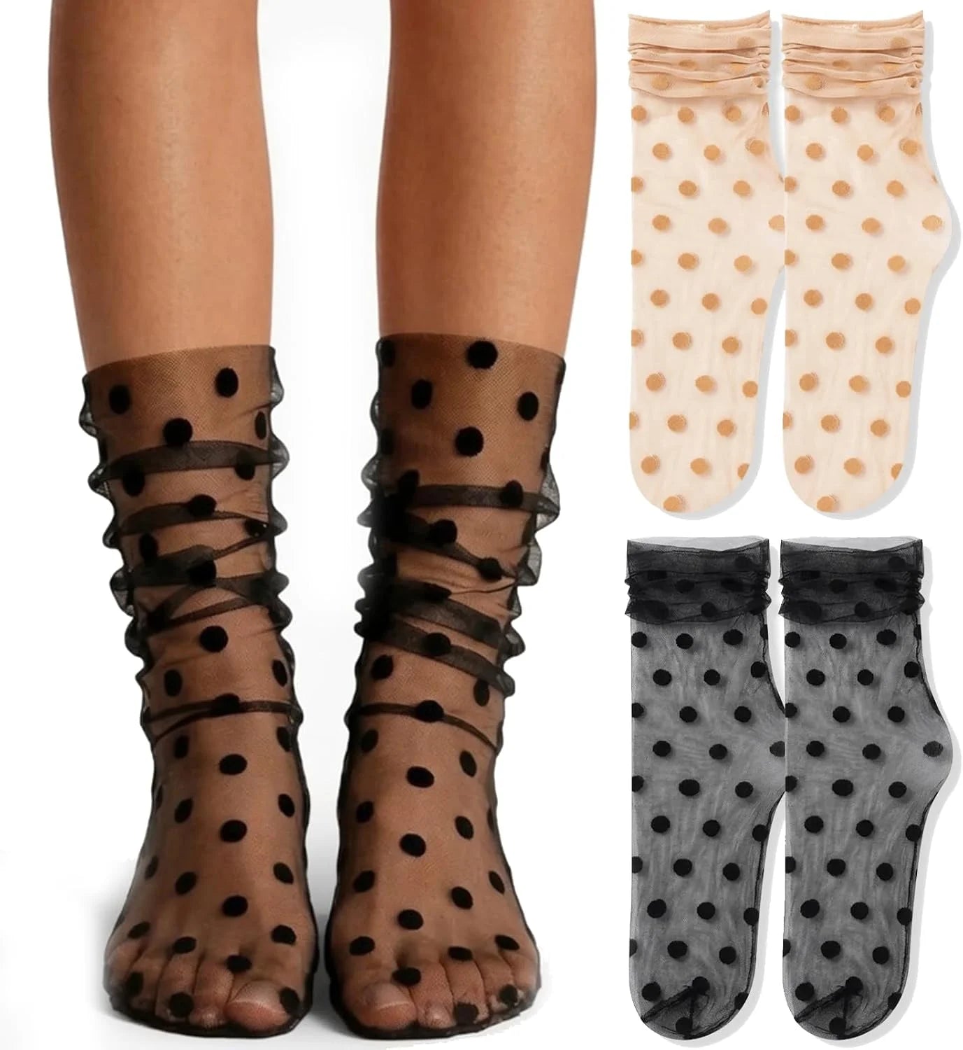 2 Pairs Women's Sheer Mesh Slouch Socks Star & Moon Embroidery See Through Tulle Crew Socks