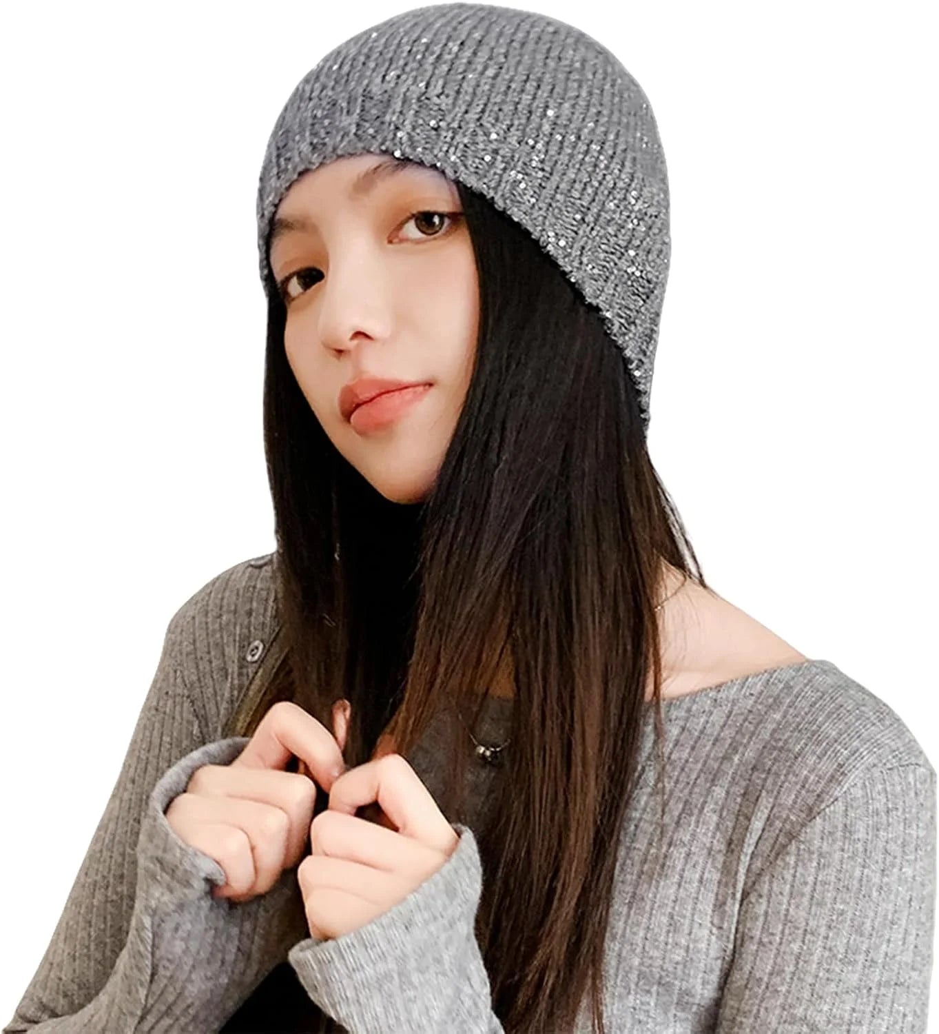 Suillty Sequin Knitted Beanie Hat for Women Men Glitter Winter Skull Caps Outdoor Windproof Cold Weather Bonnet