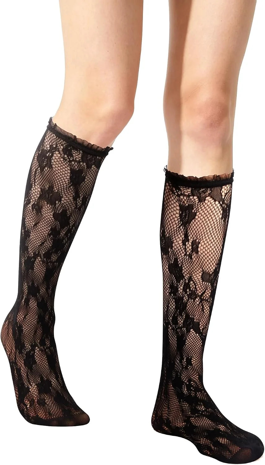 Benefeet Sox Womens Fishnet Knee High Socks Lace Ruffle Long Socks