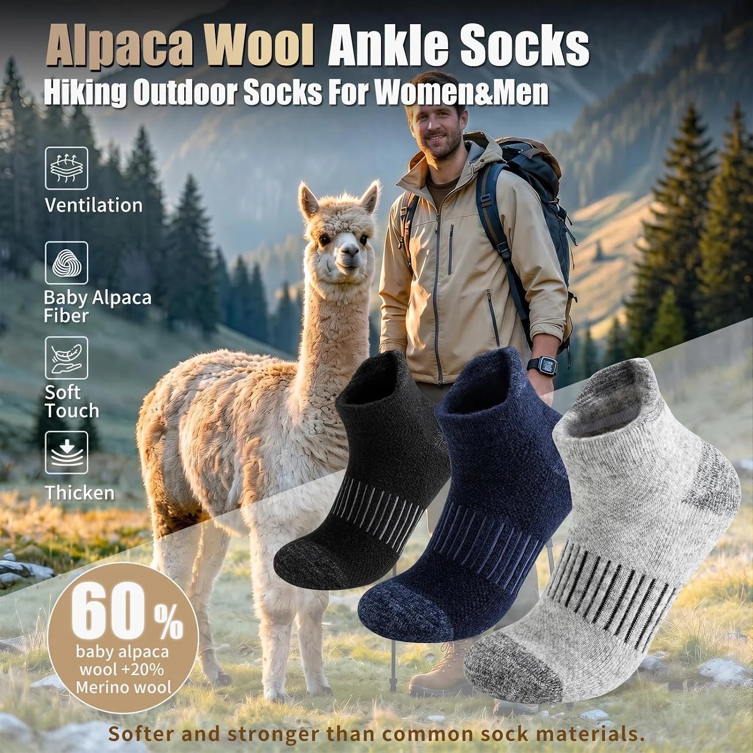 Alpaca Wool Ankle Running Hiking Socks for Men Women