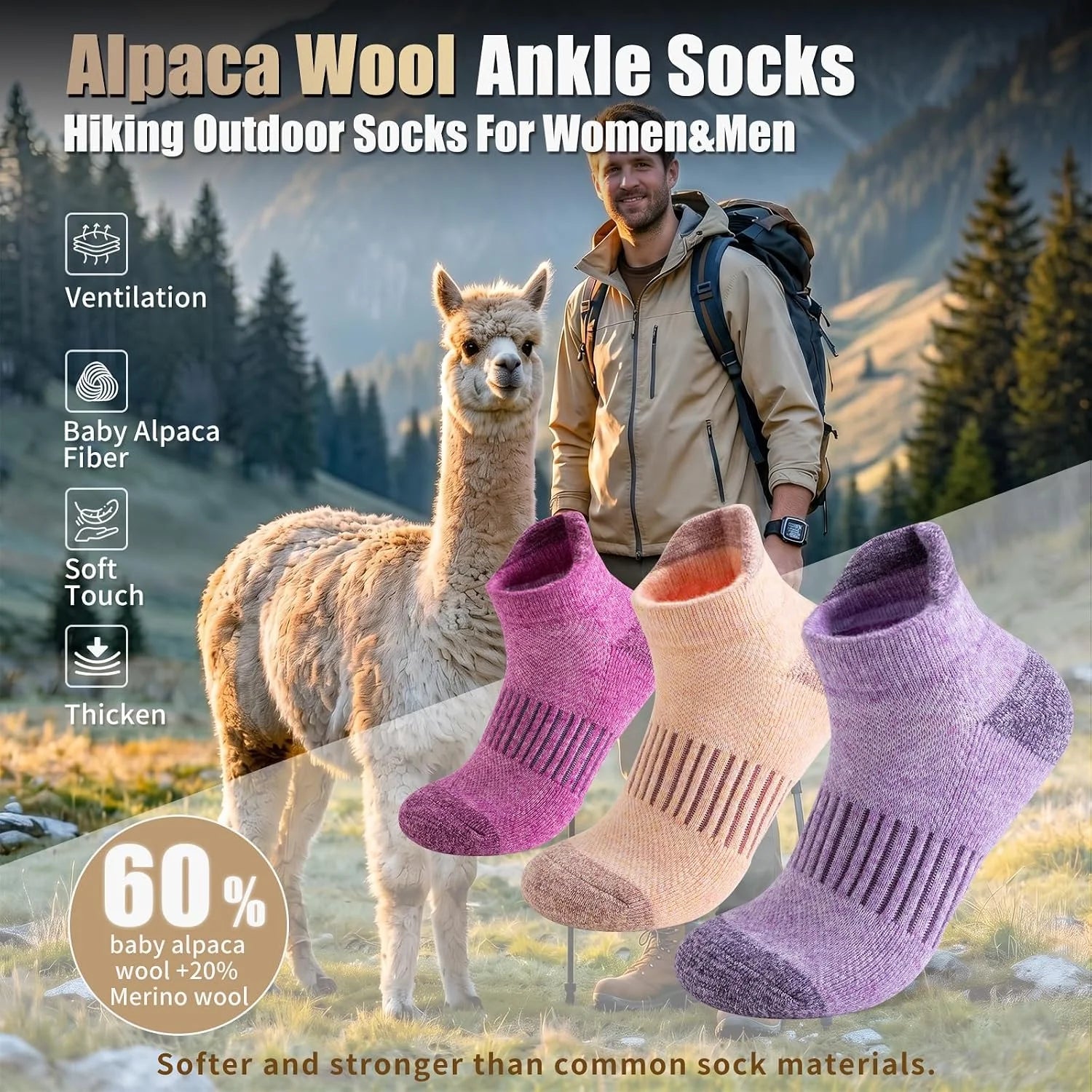 Alpaca Wool Ankle Running Hiking Socks for Men Women