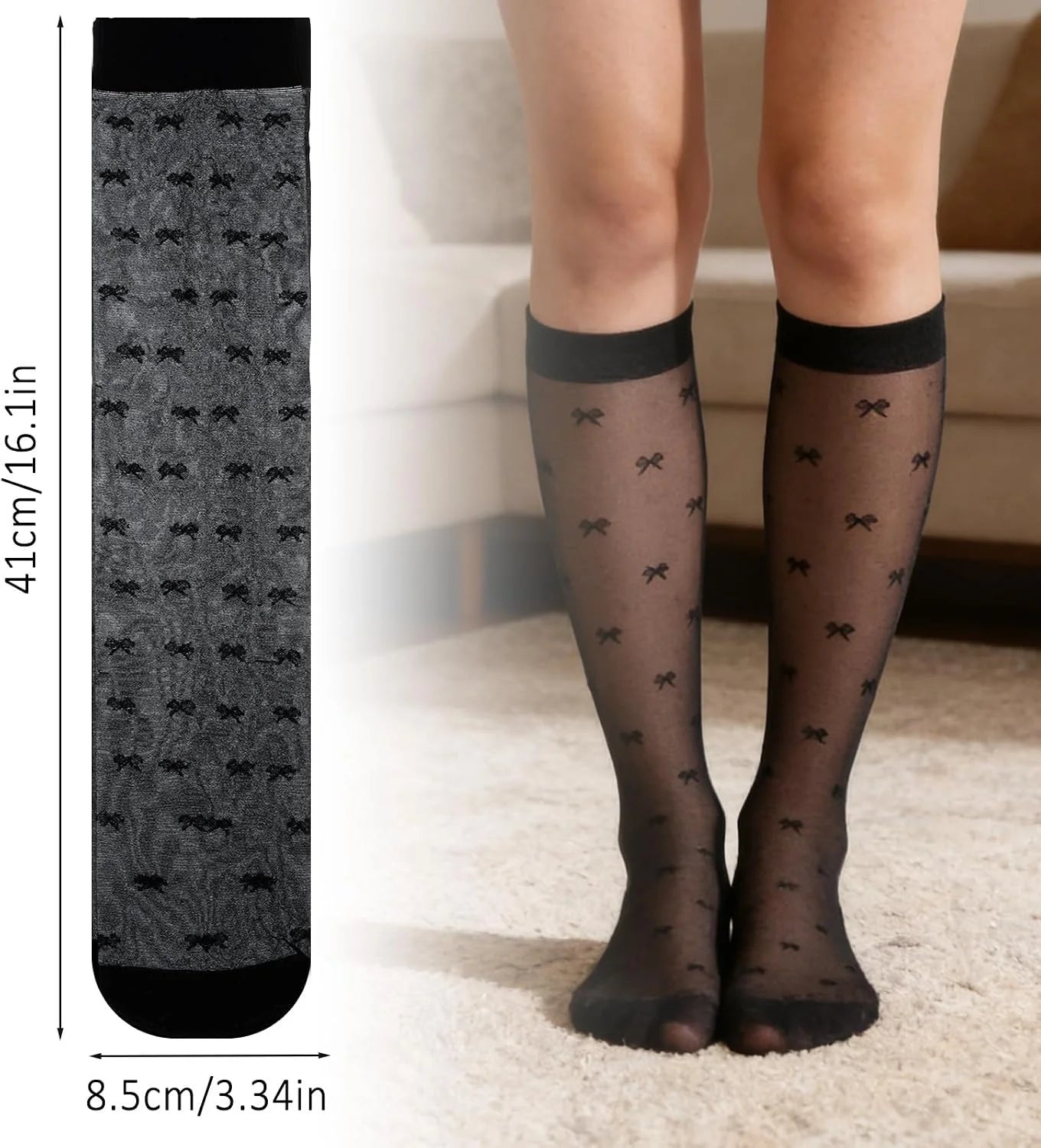 3 Pairs Women's Sheer Knee High Stockings, Black Dot Sheer Thin Socks, Stretchy Breathable Knee High Socks