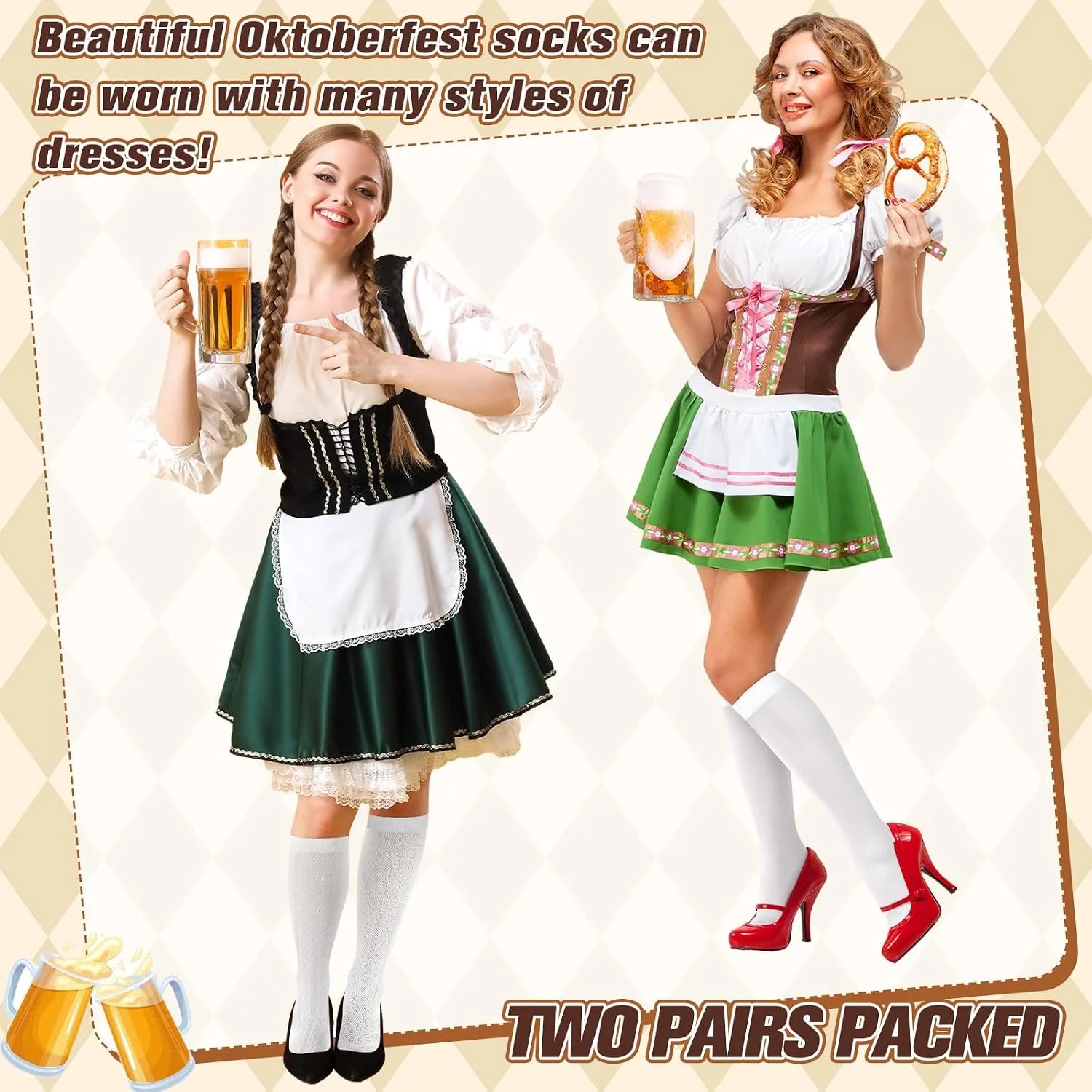 Suhine 2 Pair Oktoberfest Socks Dirndl Knee High Socks