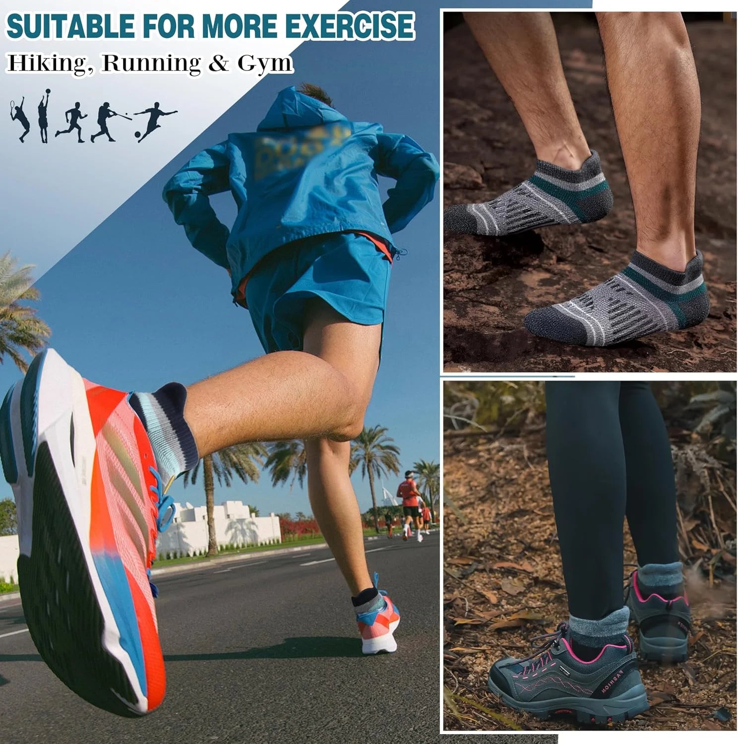 EBMORE 6 Pairs Merino Wool Ankle Hiking Running Socks Compression Support Thick Cushion No Show Socks for Men Women