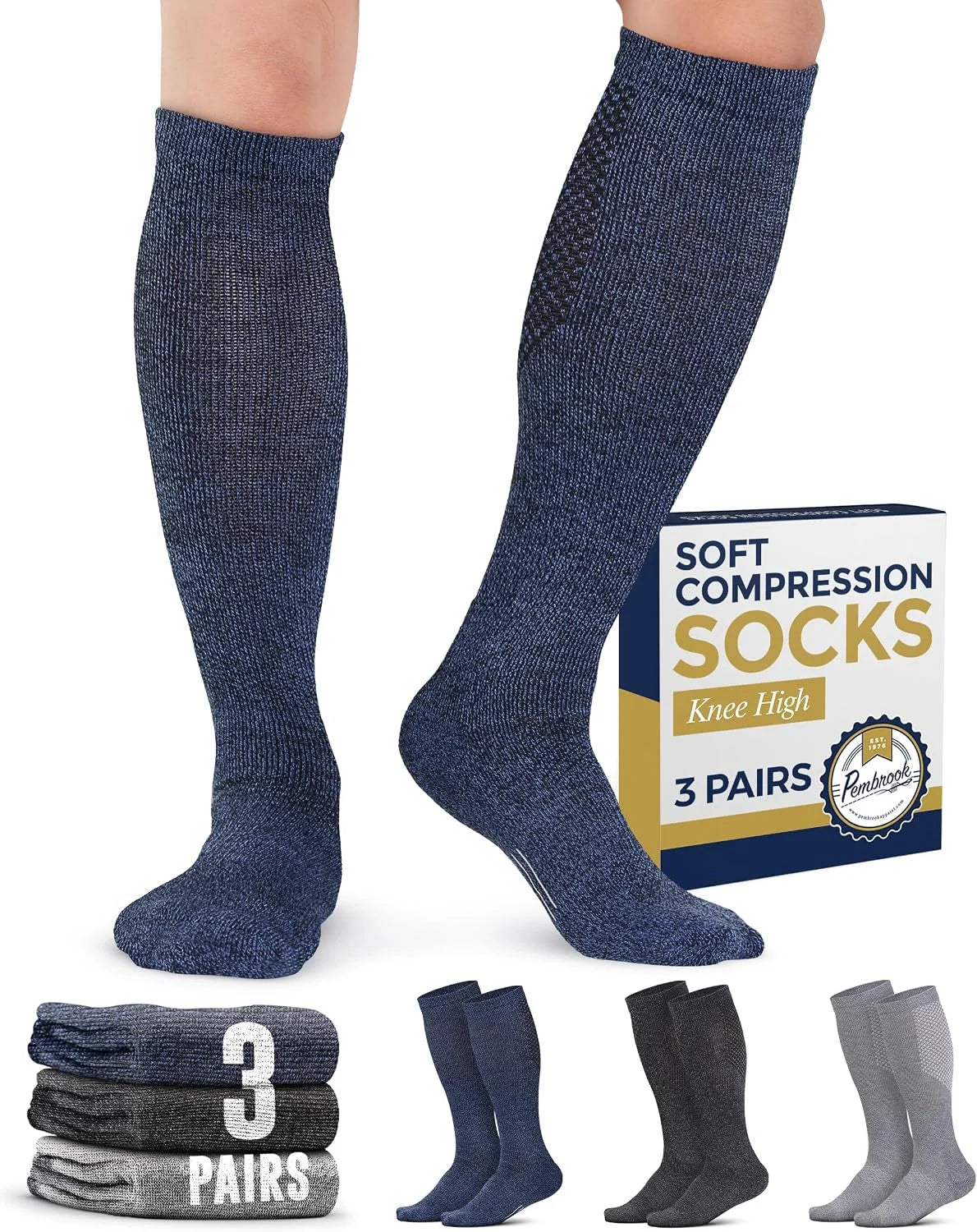 Pembrook® Light Compression Socks for Men & Women - 3 Pairs | 8-15 mmhg Compression Dress Socks for Men | Support Socks