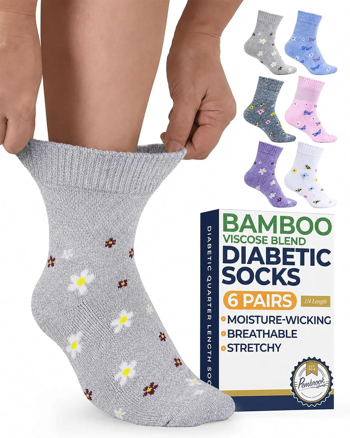 Pembrook® Bamboo Viscose Ankle Diabetic Socks for Women & Men - 6 Pairs