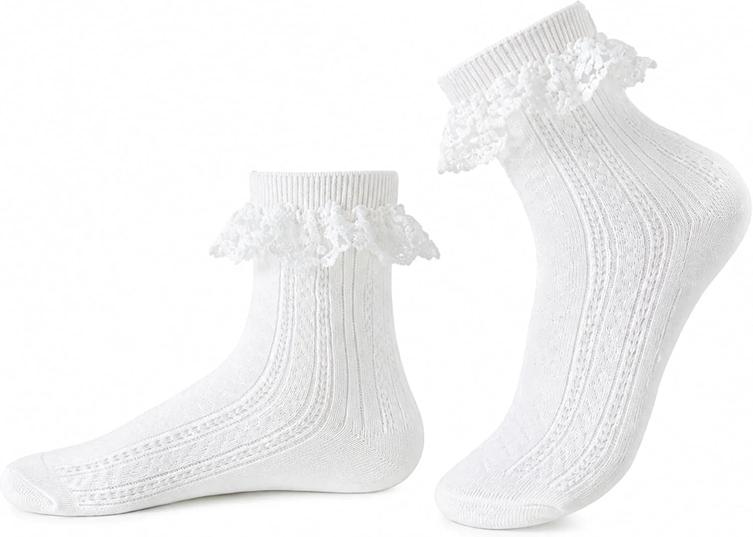 Women's Lace Ruffle Socks, White, Black, Cream Lace Socks with Ruffles Trim