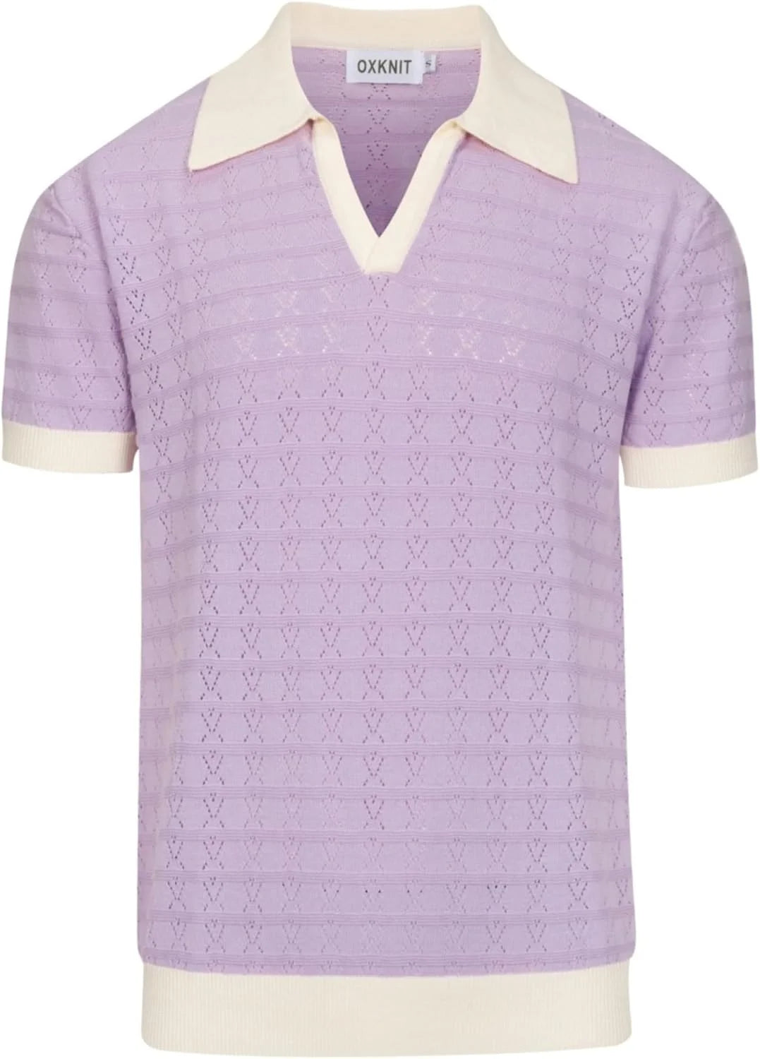 OXKNIT Men's Knit Short Sleeve Shirts Vintage Hollow-Out Texture Knitted Polo Shirt Purple V-Neck Cotton Polo Knitwear