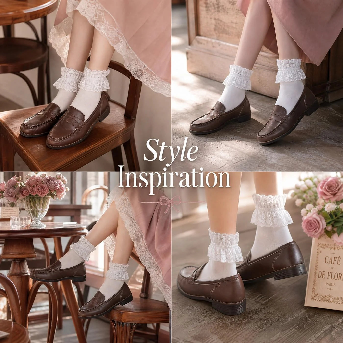 Women's Lace Ruffle Socks, White, Black, Cream Lace Socks with Ruffles Trim