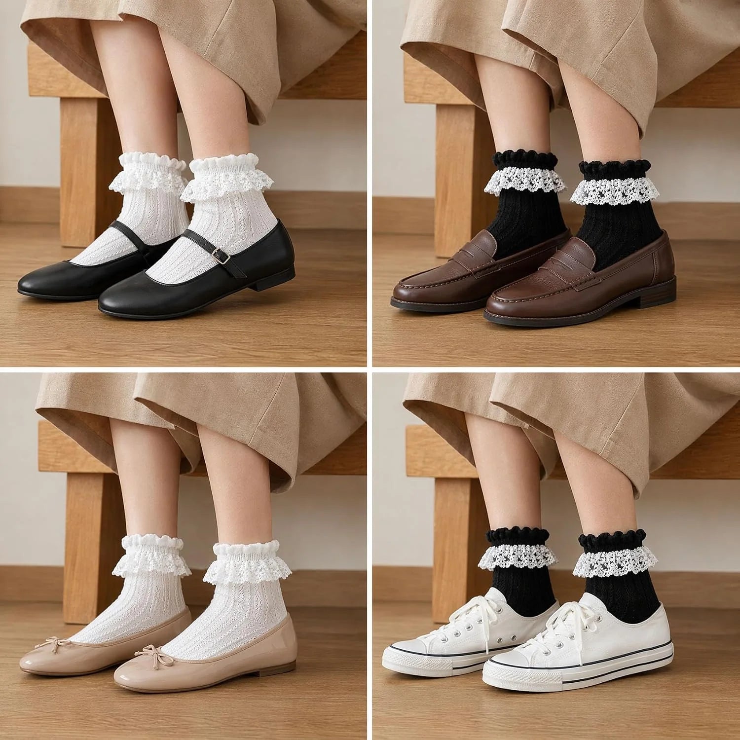 Women's Lace Ruffle Socks, White, Black, Cream Lace Socks with Ruffles Trim
