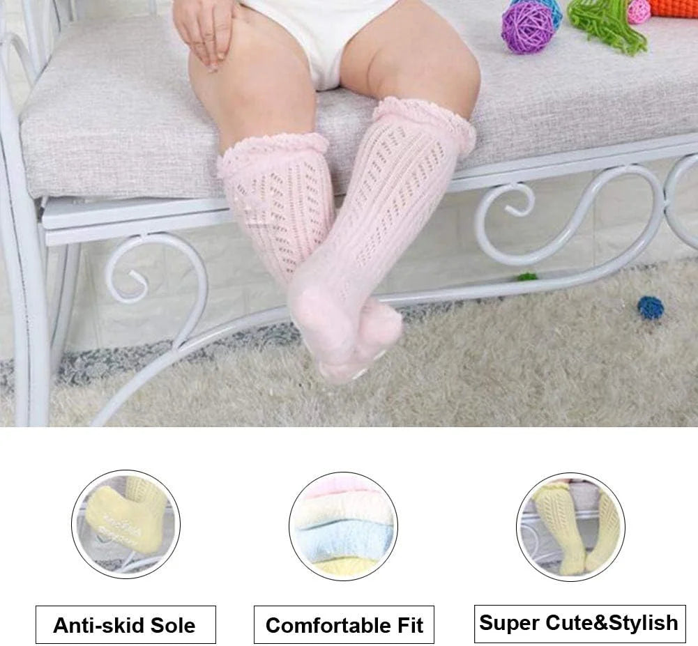 ACTLATI Baby Girls Knee High Socks Hollow Out Anti-skid Knitting Stockings Suitable for 0-2 Years Infants Toddlers