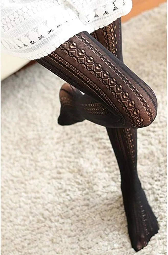 SurBepo Women Fishnet Hollow Out Knitted Patterned Thick Warm Stockings Tights Vertical Strips Pantyhose For Female