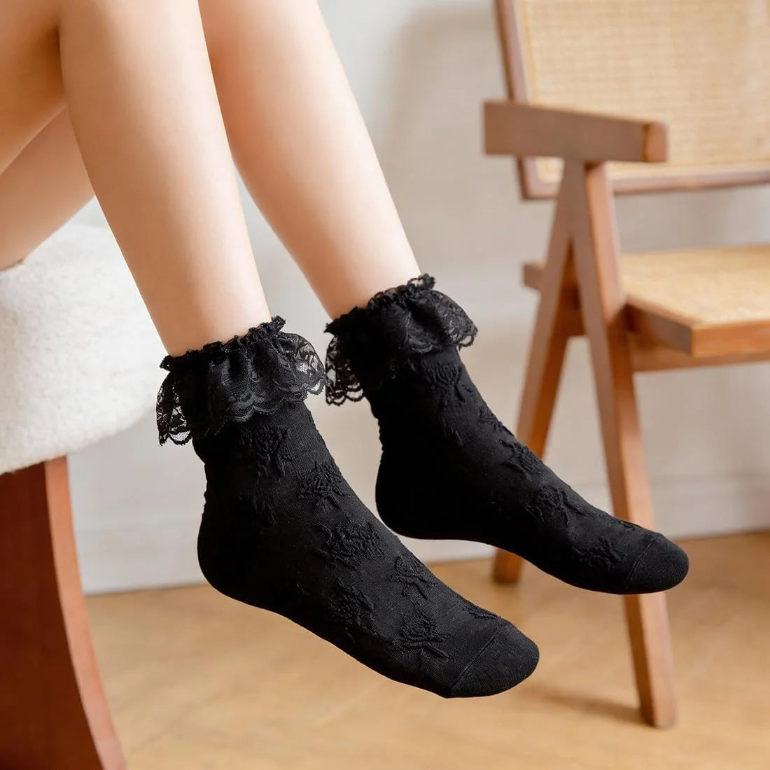 Women's Lace Ruffle Socks, White, Black, Cream Lace Socks with Ruffles Trim