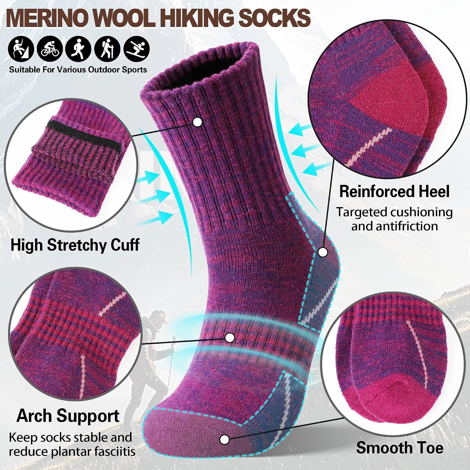 Sandsuced Merino Wool Hiking Socks Thermal Warm Winter Cozy Crew with Cushioned Sole & Moisture Wicking 5 Pairs for Women