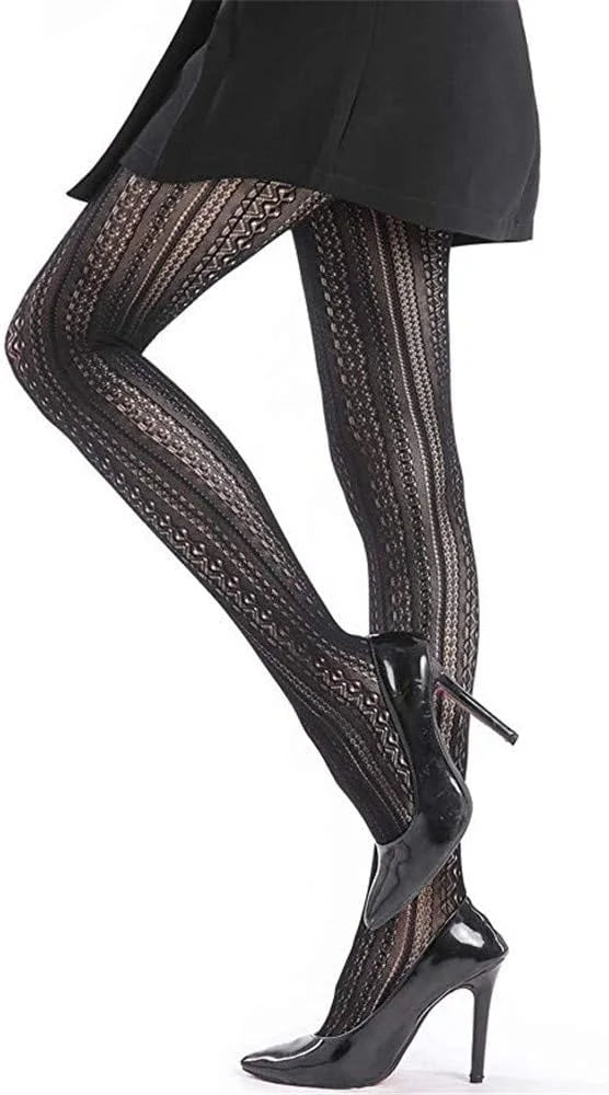 SurBepo Women Fishnet Hollow Out Knitted Patterned Thick Warm Stockings Tights Vertical Strips Pantyhose For Female