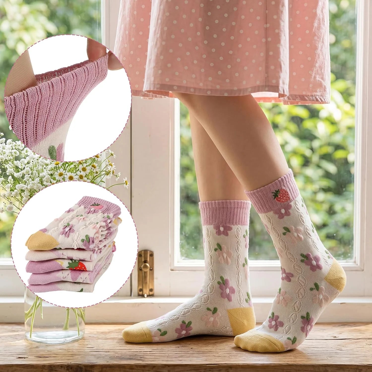 5/6 Pair Crew Socks for Women Floral Socks