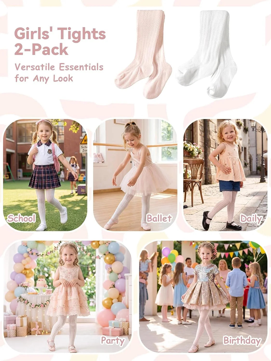 Miipat Baby Girl Tights Toddler Footed Leggings Mesh Lace Stockings 2 Pack Little Kids Thin Hollow Pantyhose