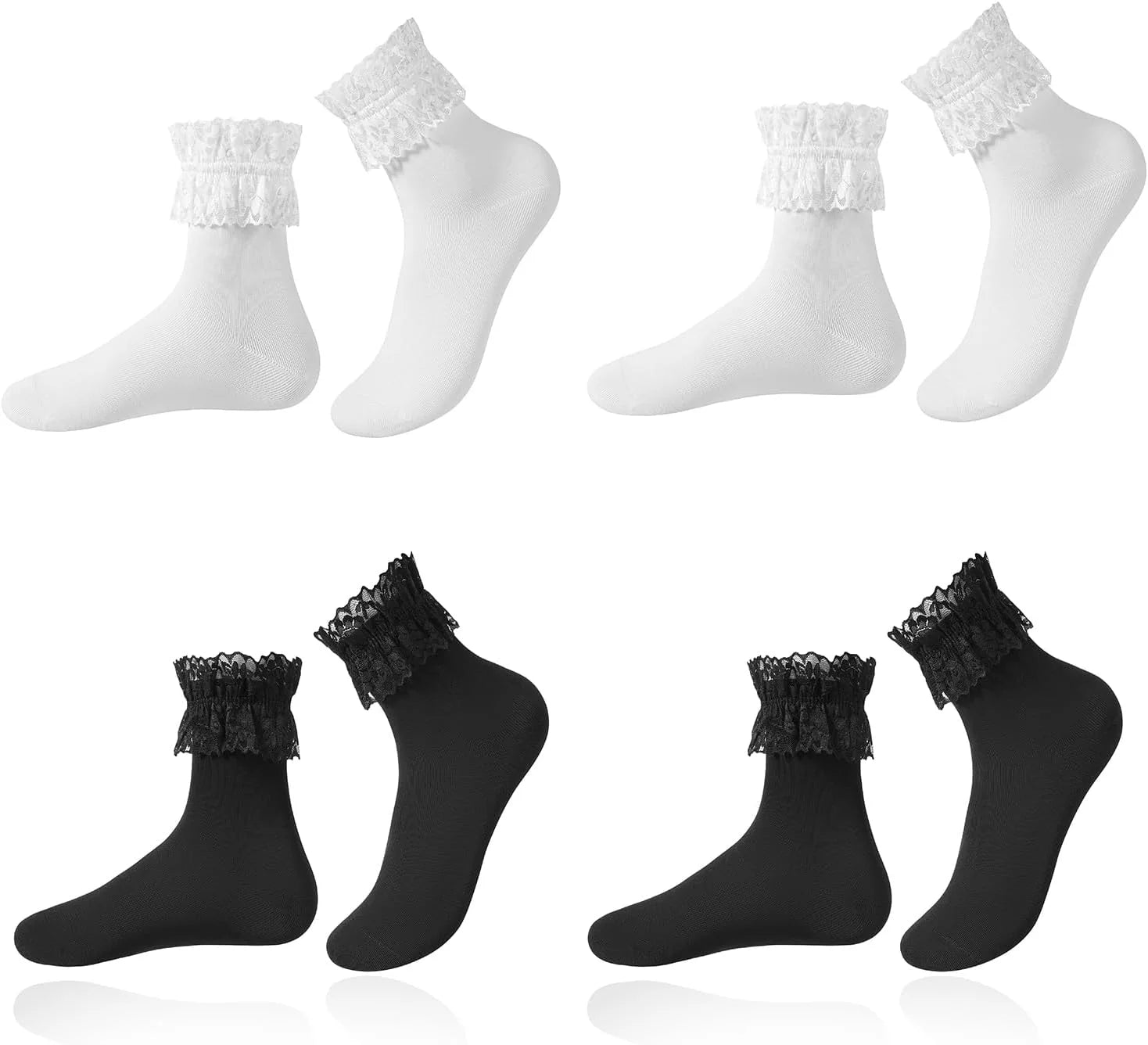 Women's Lace Ruffle Socks, White, Black, Cream Lace Socks with Ruffles Trim