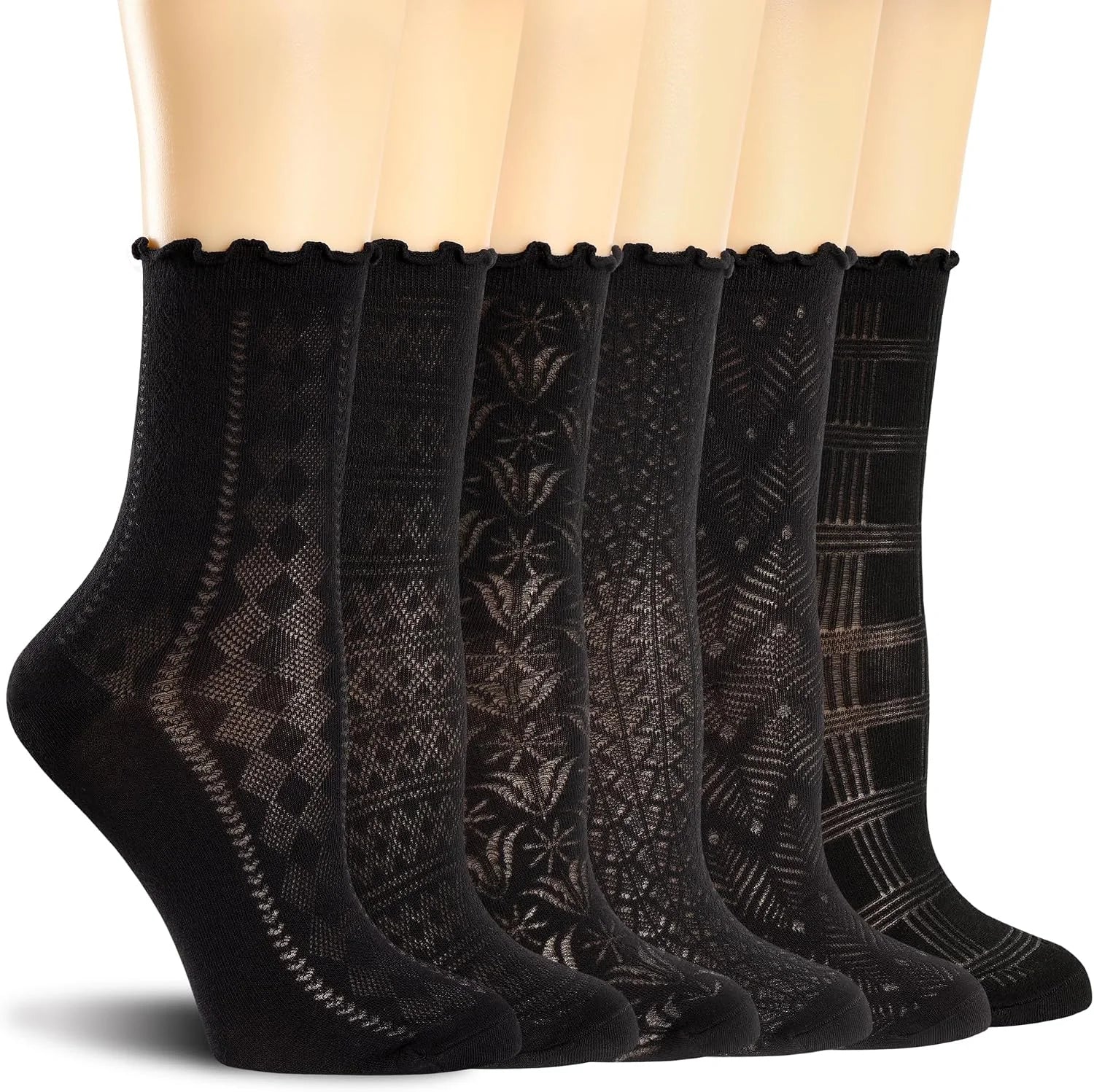 Women's Ruffle Socks Casual Lace Cotton Crew Thin Black Frilly Cute Ankle Socks for Women 6 Pairs