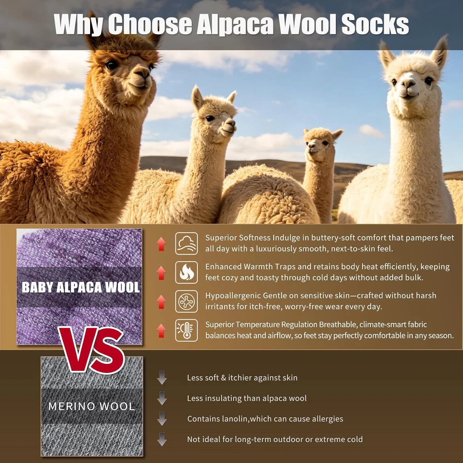Alpaca Wool Hiking Socks, Crew Boot Work Socks for Men Women