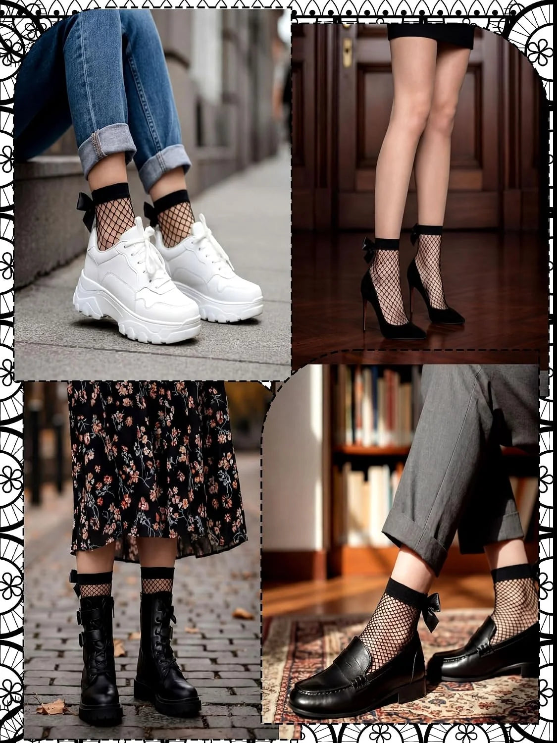 Geyoga Black Fishnet Socks for women sexy lace socks with Bows