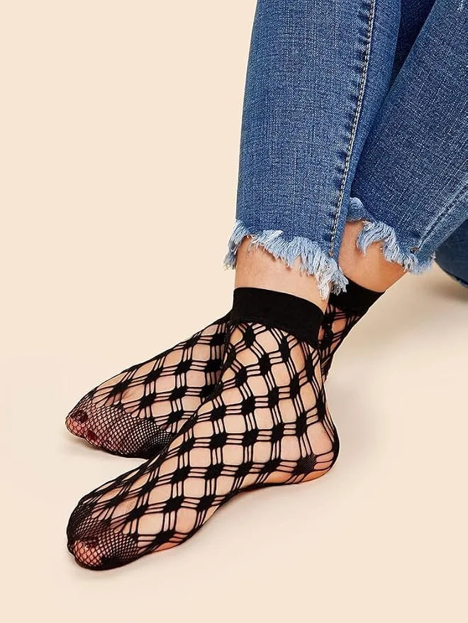 MarJunSep Lace Ankle Socks for Women Cute Elegent Sheer Mesh Fishnet Thin Nylon Crew Socks Sexy Fashion