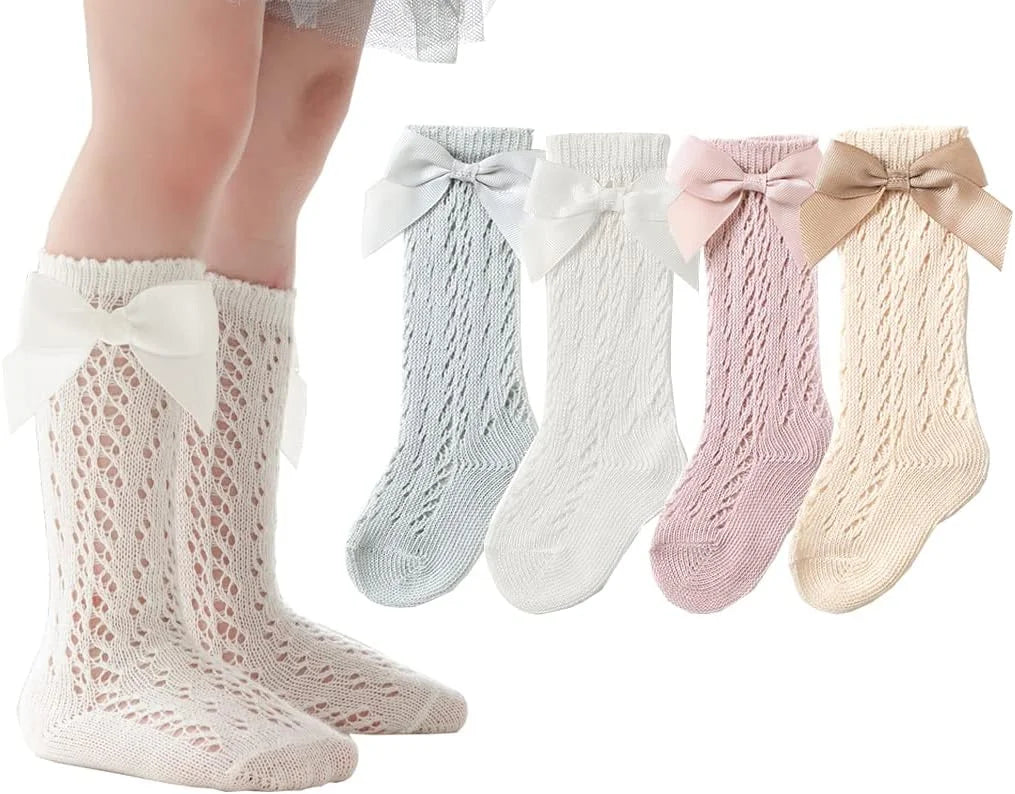 CHUNG Toddler Baby Girls Knee Hight Stocking Cotton Socks 0-7Years Solid Color Bowknot Thin Spring Summer