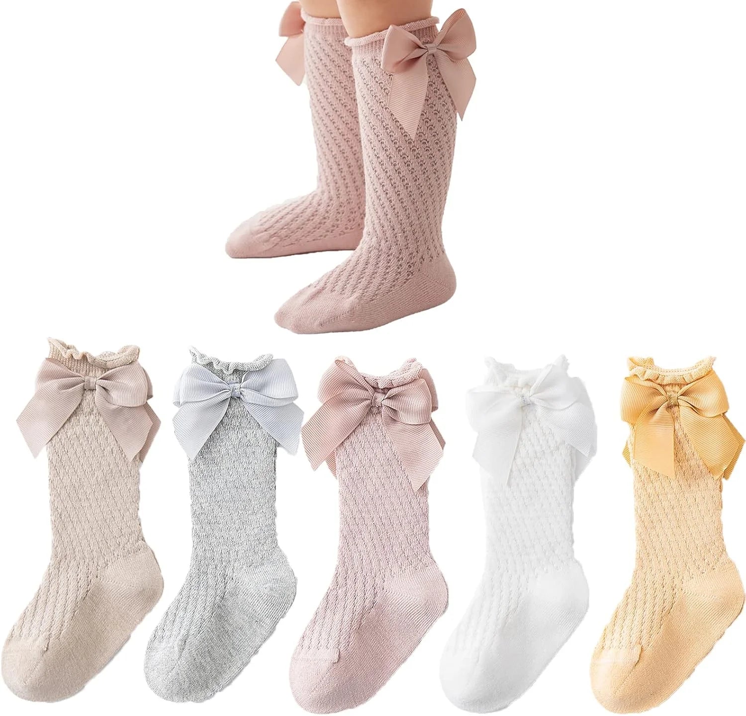 Baby Girls Knee High Socks Toddler Bow Mesh Tube Socks 5 Pairs