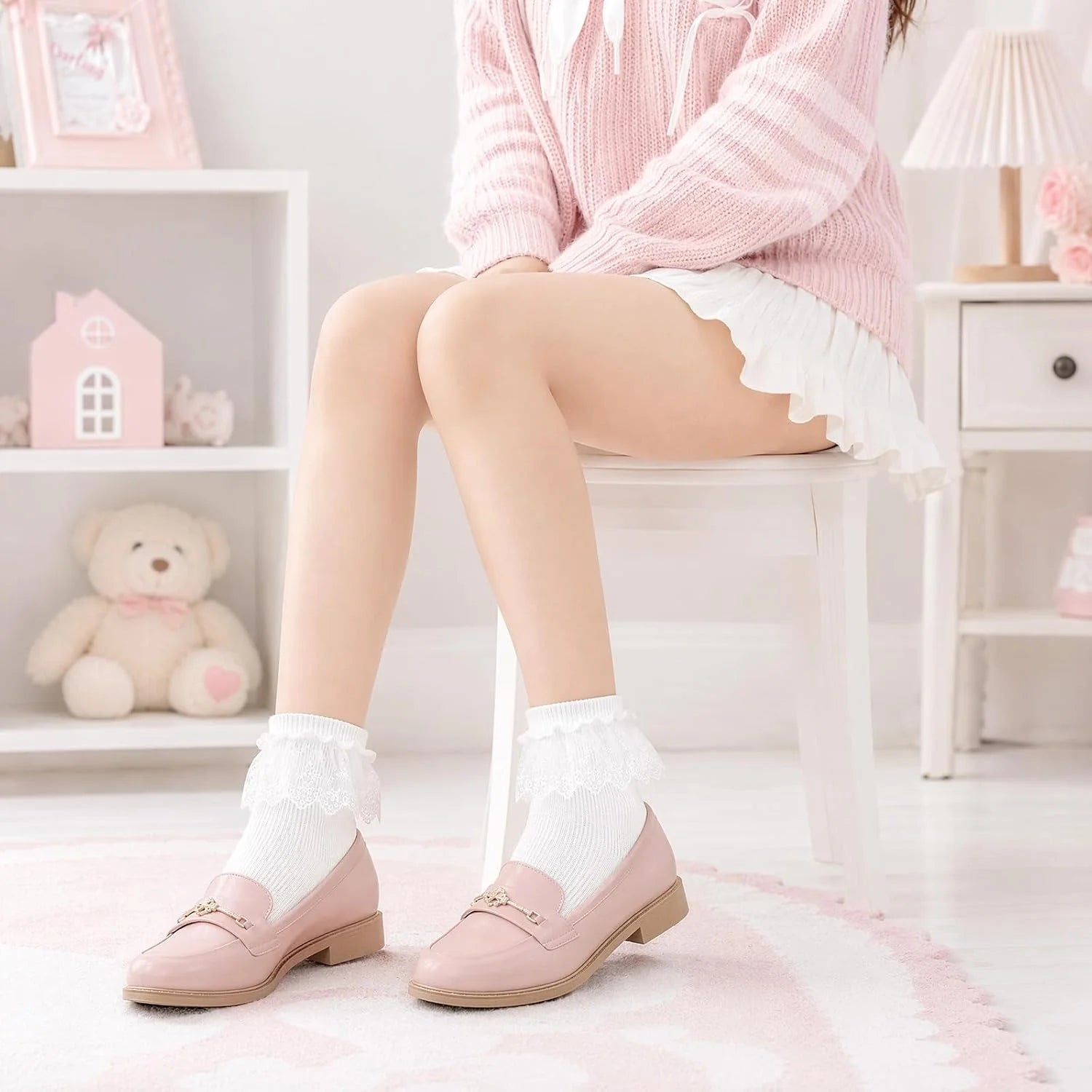 Women's Lace Ruffle Socks, White, Black, Cream Lace Socks with Ruffles Trim