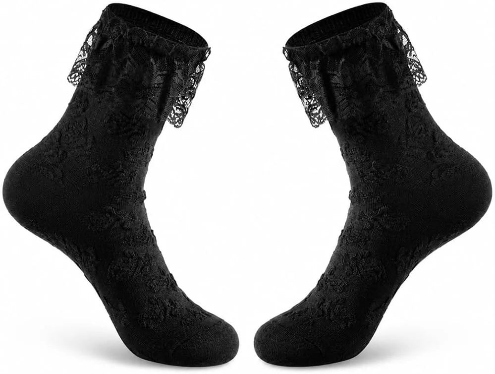 Women's Lace Ruffle Socks, White, Black, Cream Lace Socks with Ruffles Trim