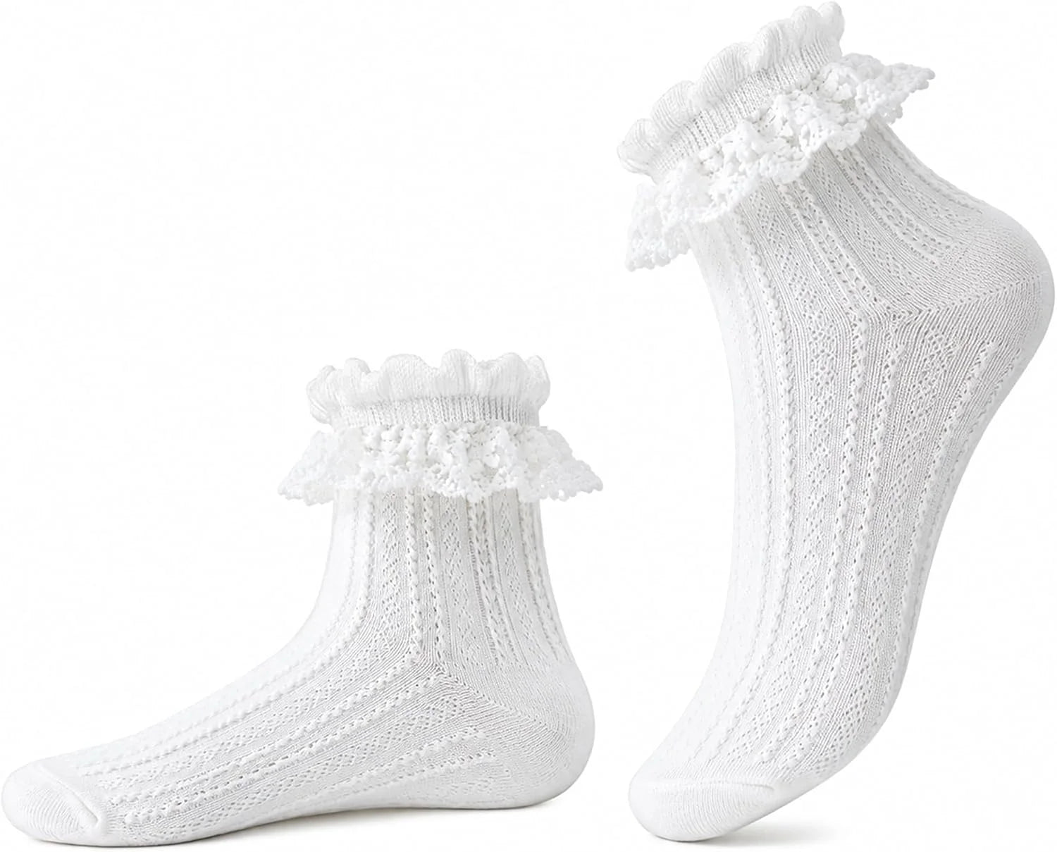 Women's Lace Ruffle Socks, White, Black, Cream Lace Socks with Ruffles Trim
