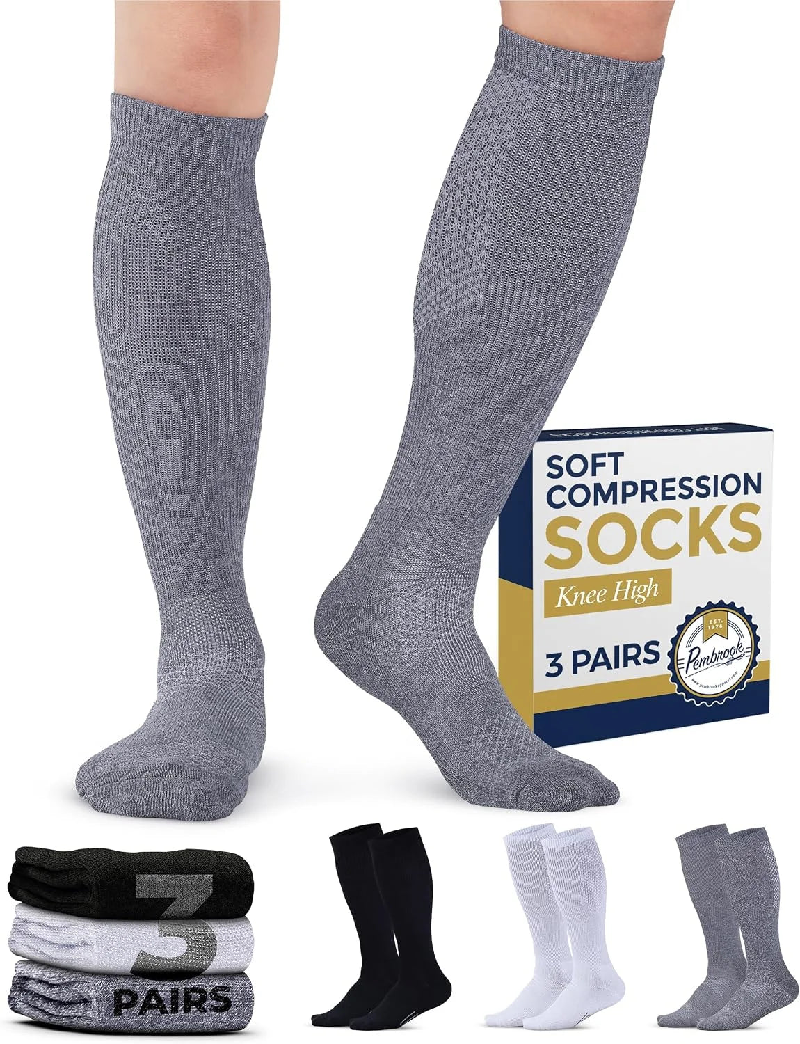 Pembrook® Light Compression Socks for Men & Women - 3 Pairs | 8-15 mmhg Compression Dress Socks for Men | Support Socks