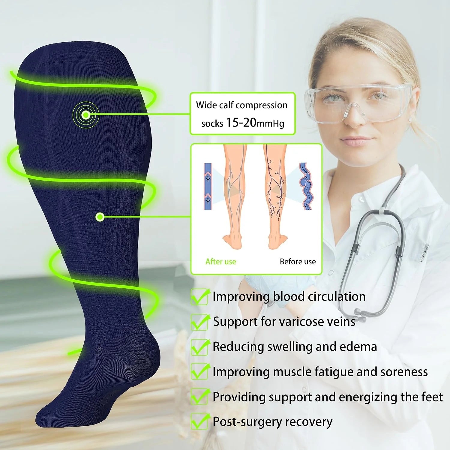 LEVSOX Wide Calf Compression Socks for Women&Men Plus Size 15-20mmHg Knee High Large Support Stockings for Circulation