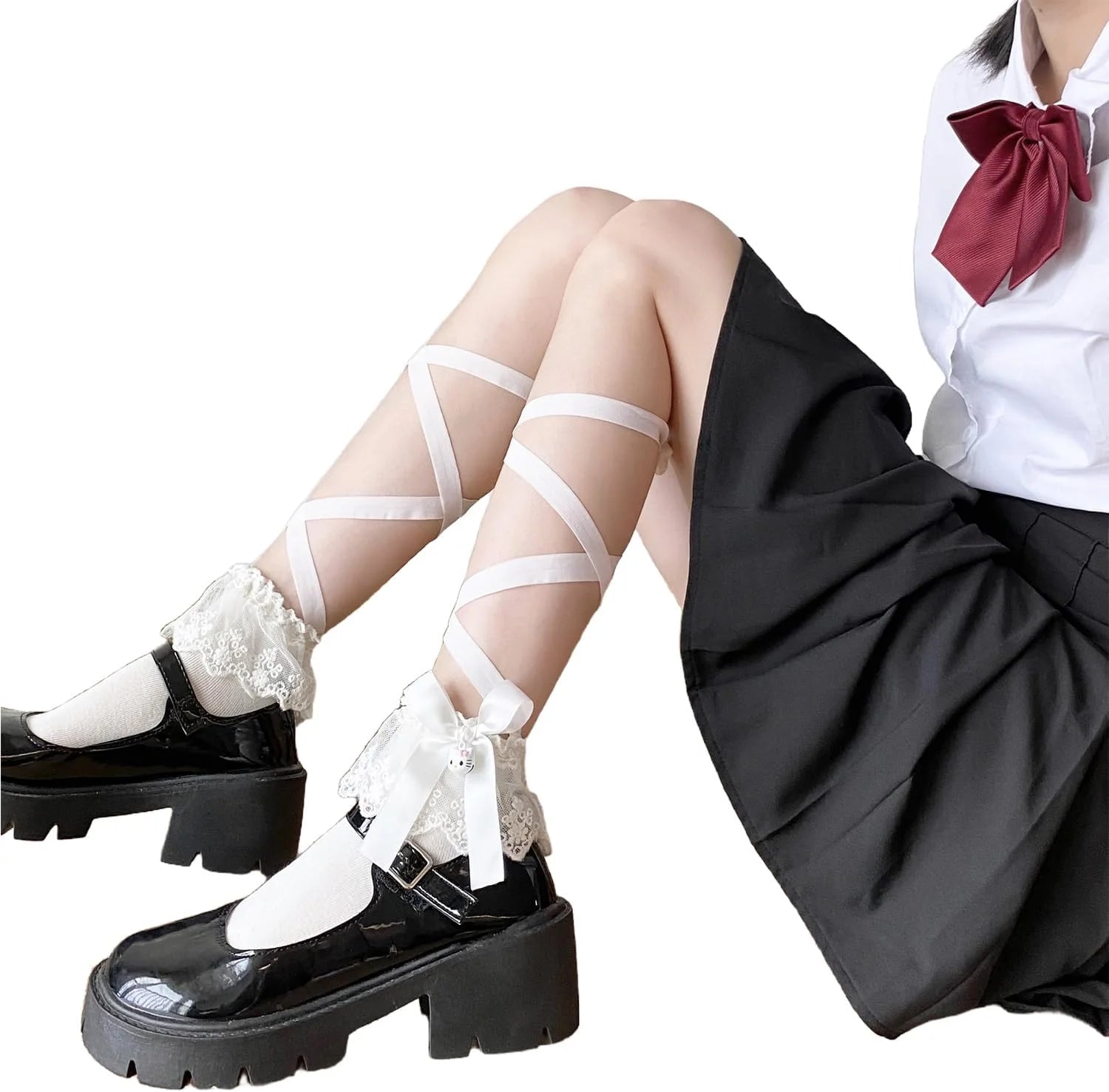 2Pair Lace Knee High Socks With Bowknot Fishnet Mesh Stocking Summer Cute Lace Lolita Socks