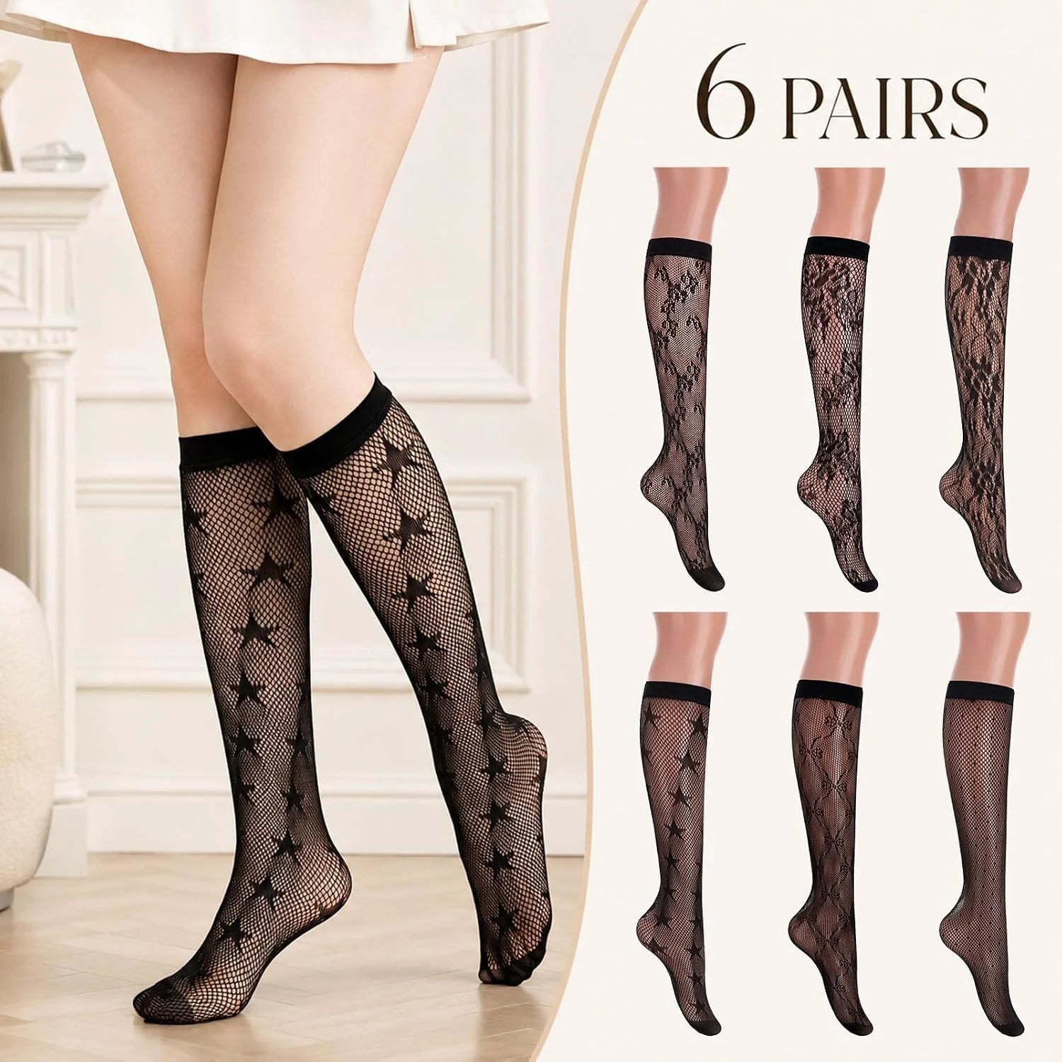 6 Pairs Women's Fishnet Knee High Socks