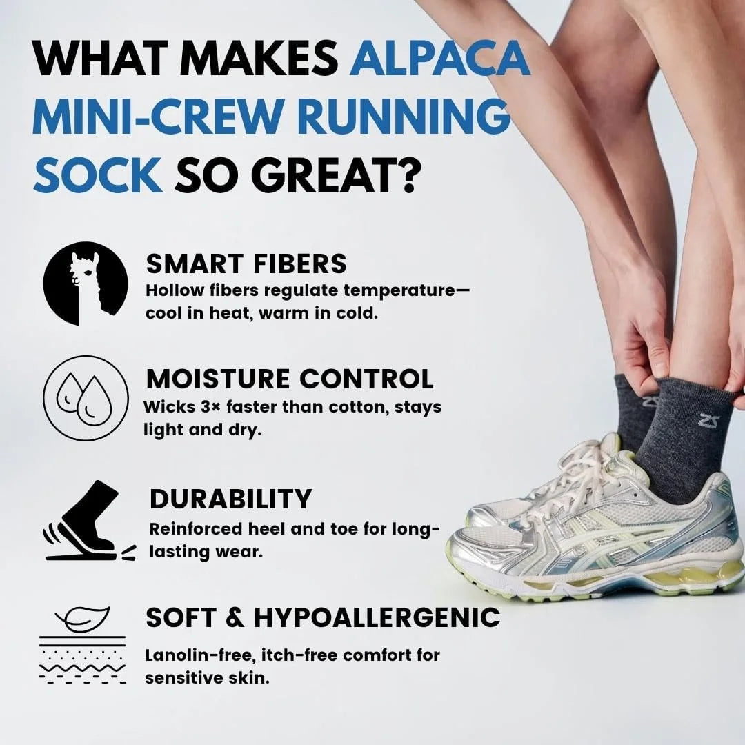Zensah Alpaca Wool Running Socks - Mini Crew Alpaca Socks for Men, Made in USA, Moisture Wicking for Running, Hiking