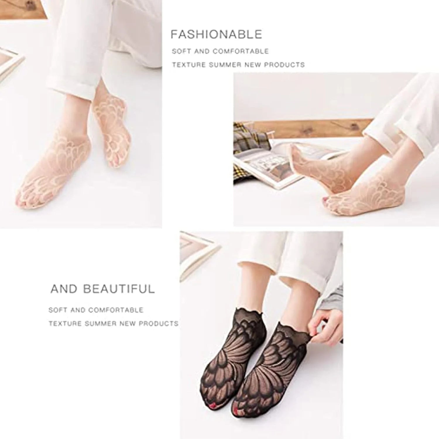 6 Pairs Amazing Crystal Peacock Socks, Hollow Out Ultra-Thin Lace Socks (Coffee)