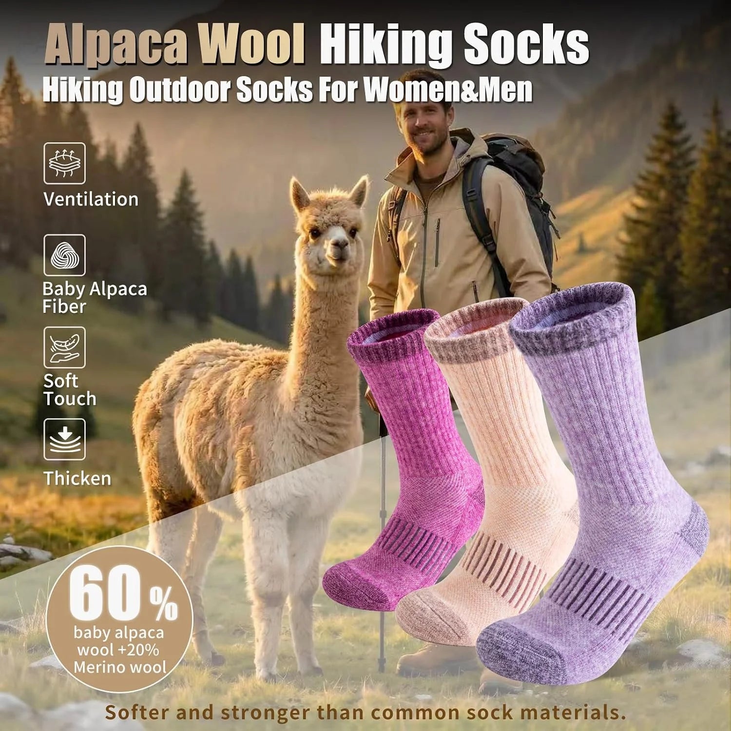 Alpaca Wool Running Hiking Socks for Men Women,Boot Work Crew Socks