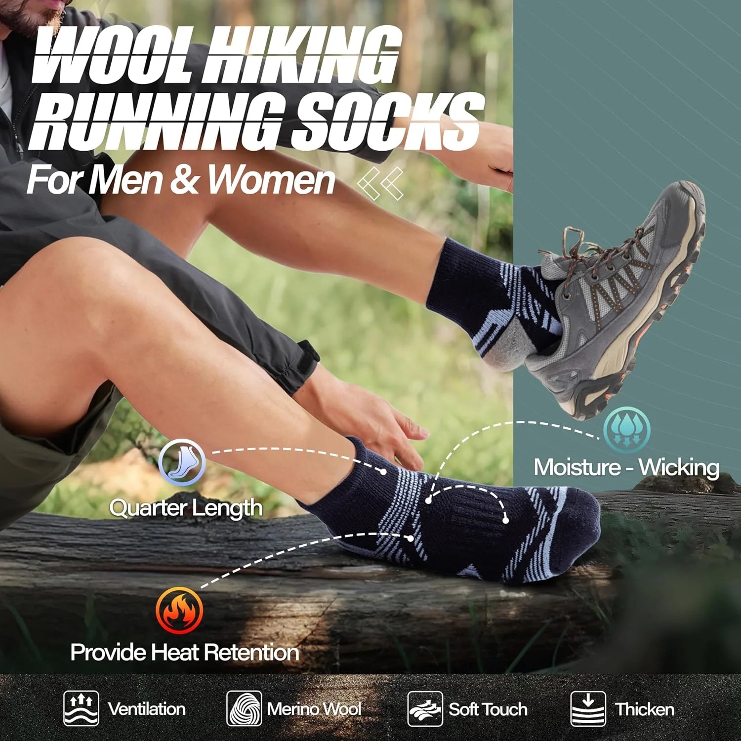 ANTSANG Merino Wool Quarter Ankle Hiking Running Socks for Women Men