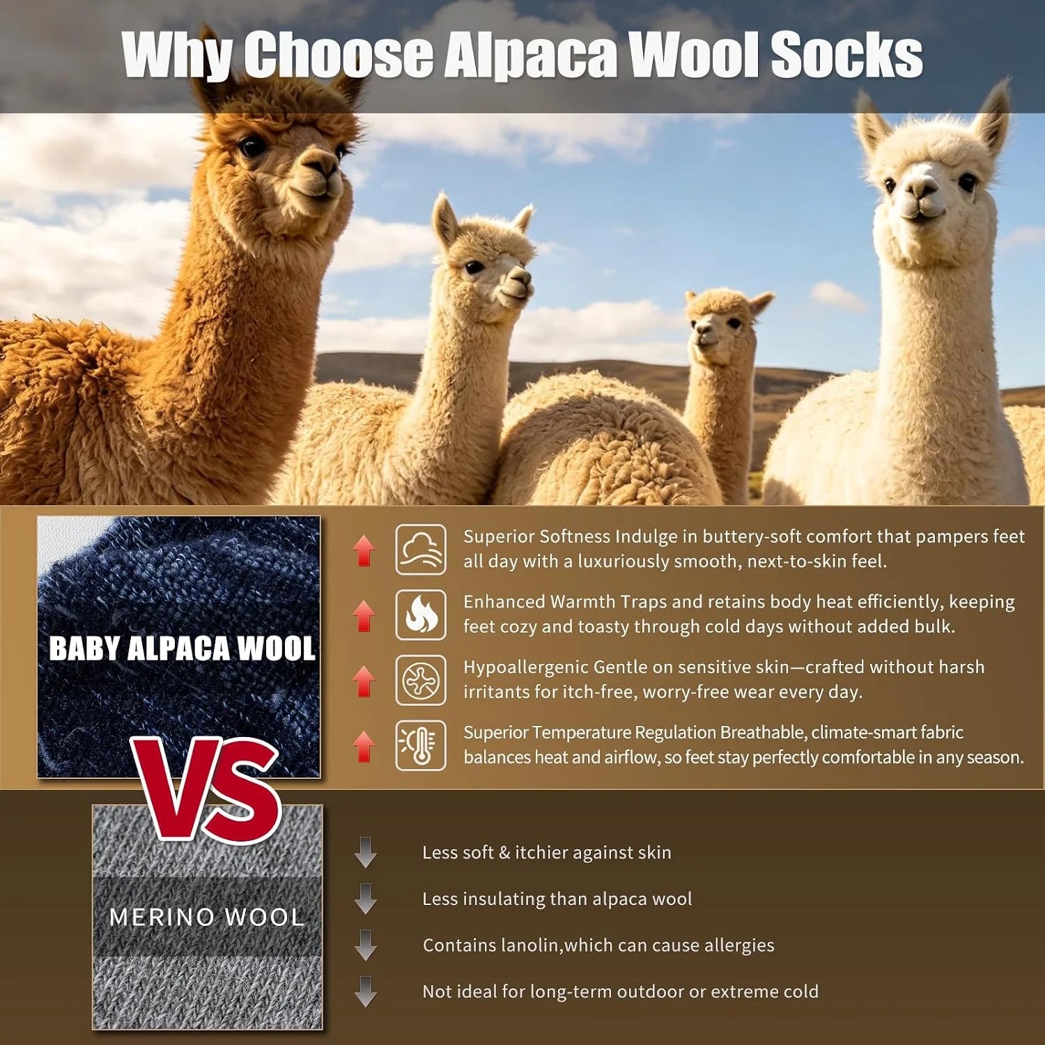 Alpaca Wool Hiking Socks, Crew Boot Work Socks for Men Women