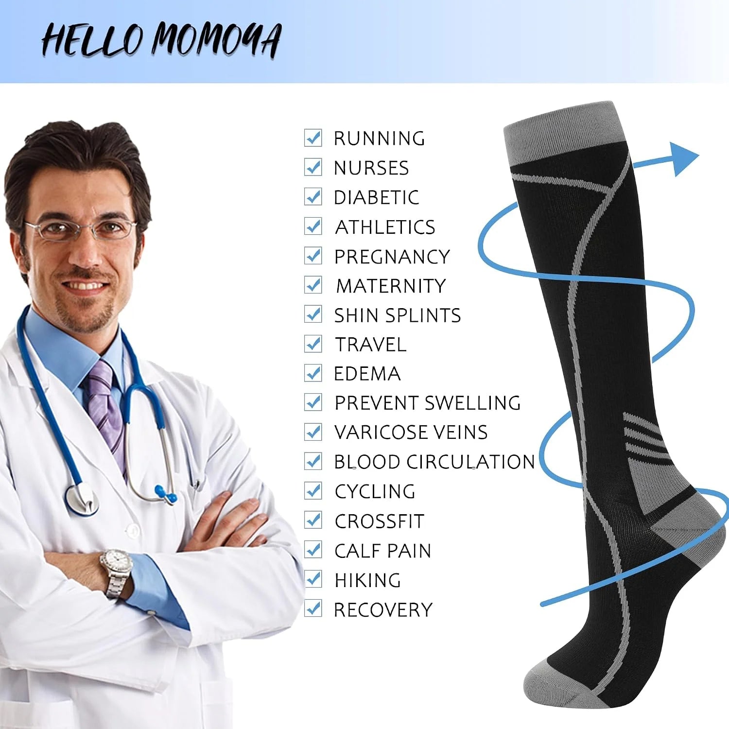 hello momoya Compression Socks for Women Men Circulation Knee High 8 Pairs for Nurses, Running, Travel, Athletic