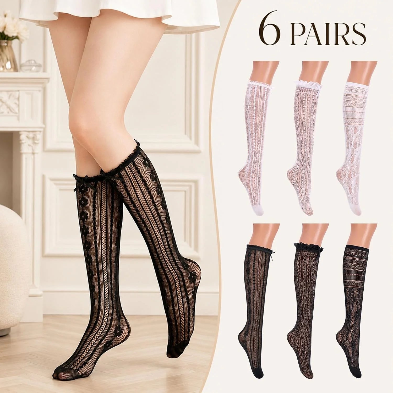 6 Pairs Women's Fishnet Knee High Socks
