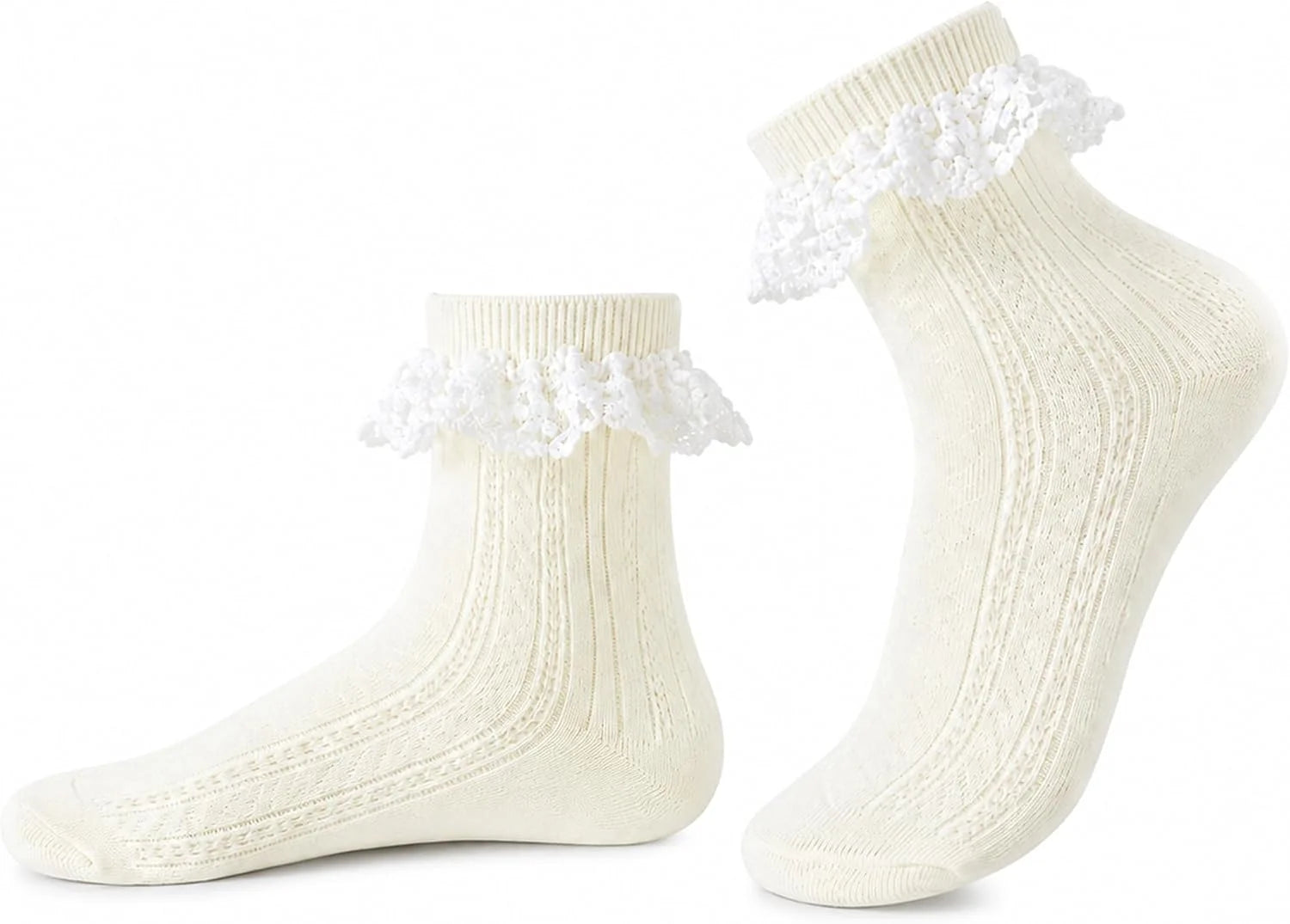 Women's Lace Ruffle Socks, White, Black, Cream Lace Socks with Ruffles Trim
