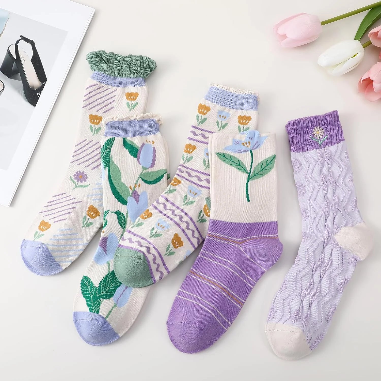 5/6 Pair Crew Socks for Women Floral Socks