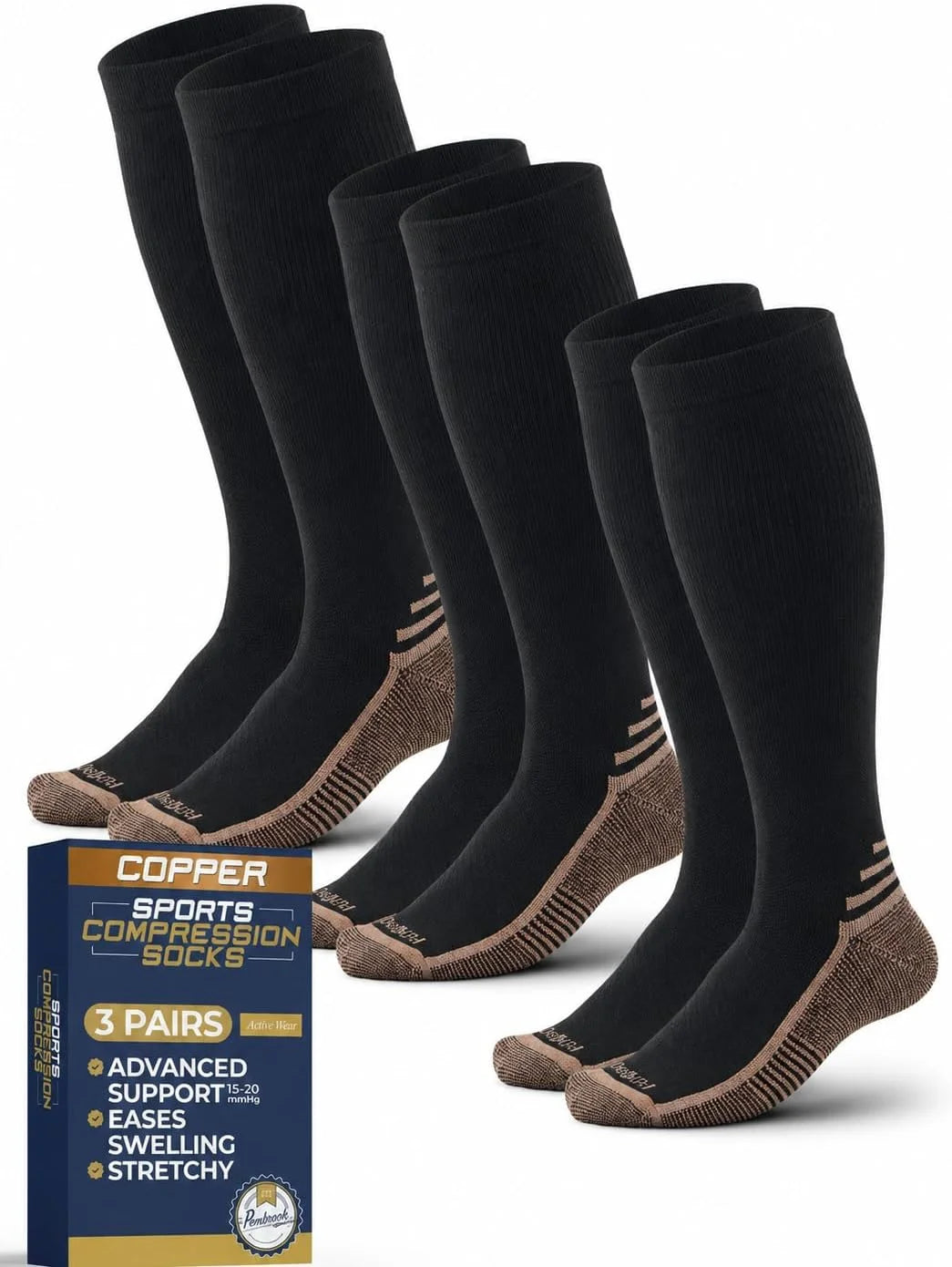 Pembrook 3 Pairs Copper Compression Socks 15-20 mmHg | Graduated Support