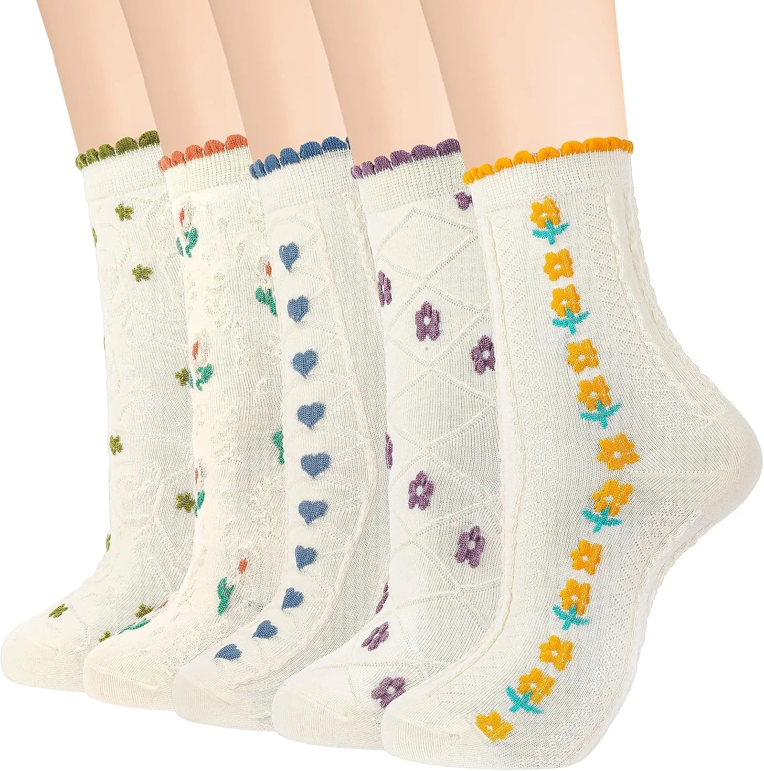 5/6 Pair Crew Socks for Women Floral Socks