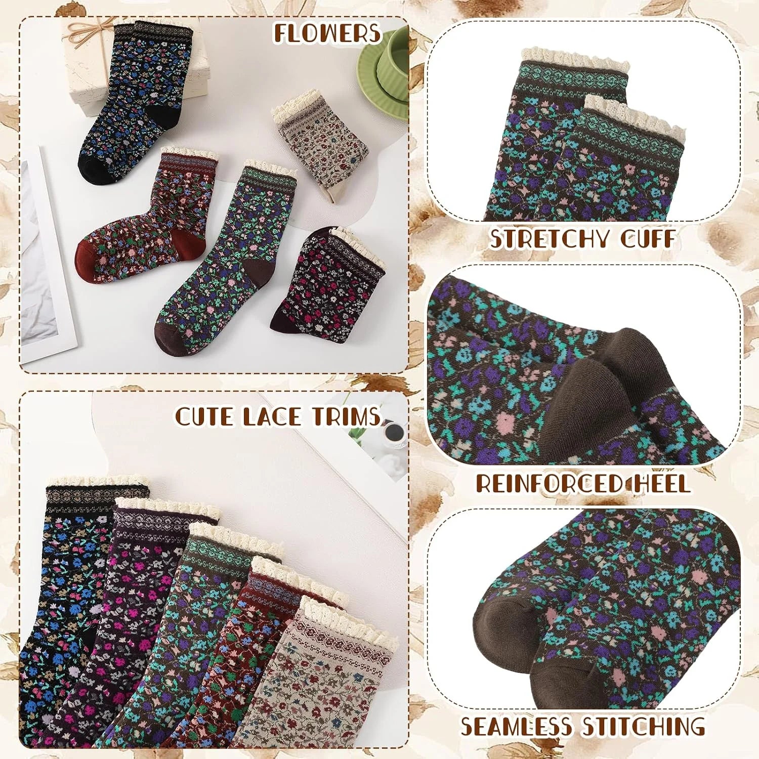 5/6 Pair Crew Socks for Women Floral Socks